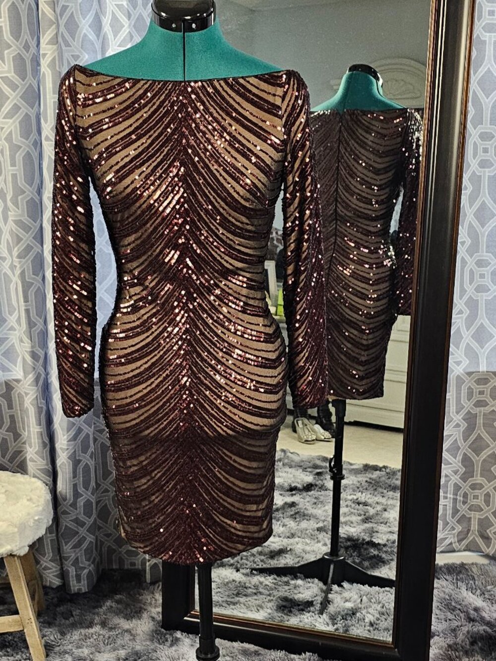 Dress the Population Malia Stripe Sequin Dress, Black Mocha Art Deco Bodycon, XS